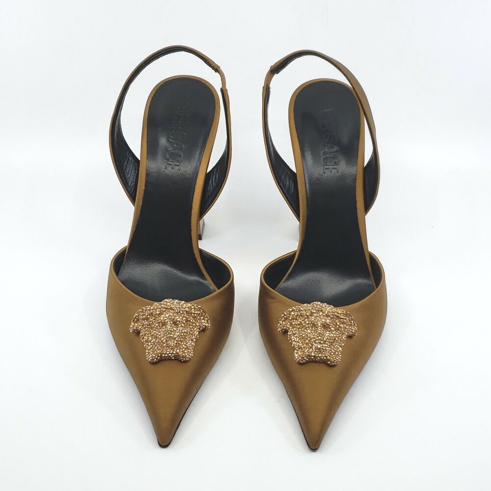 Versace Brown Heels with Gold Medusa Embellishment